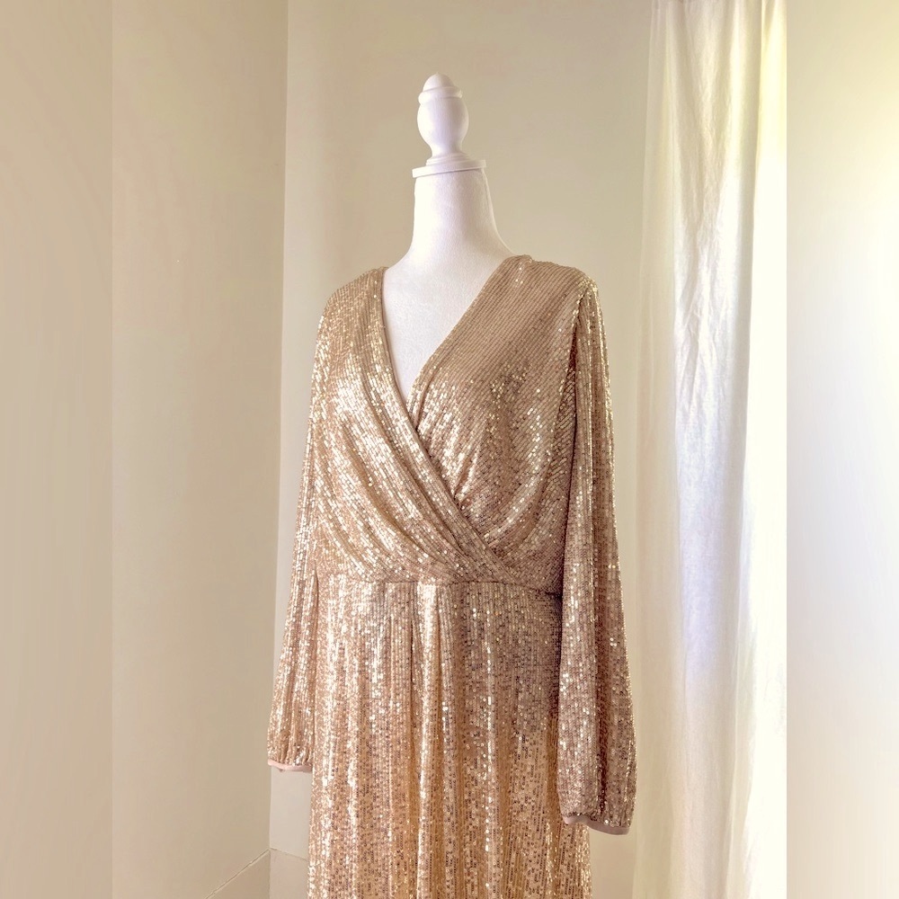 Lauren Ralph Lauren Midi Gold Sequin Faux Wrap Dress